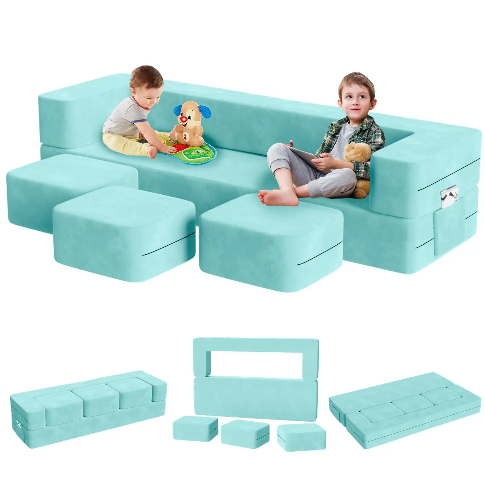 Modular Kids Play Couch 5 in 1 Kids Couch with 3 Ottomans for Playroom Bedroom Extra Large Modular Kids Couch Kids Play Couch