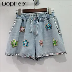 Schwere handgemachte Blume Strass elastische hohe Taille Denim Shorts Frauen lose abnehmen breite Bein Shorts 2023 Sommer kurze Hosen