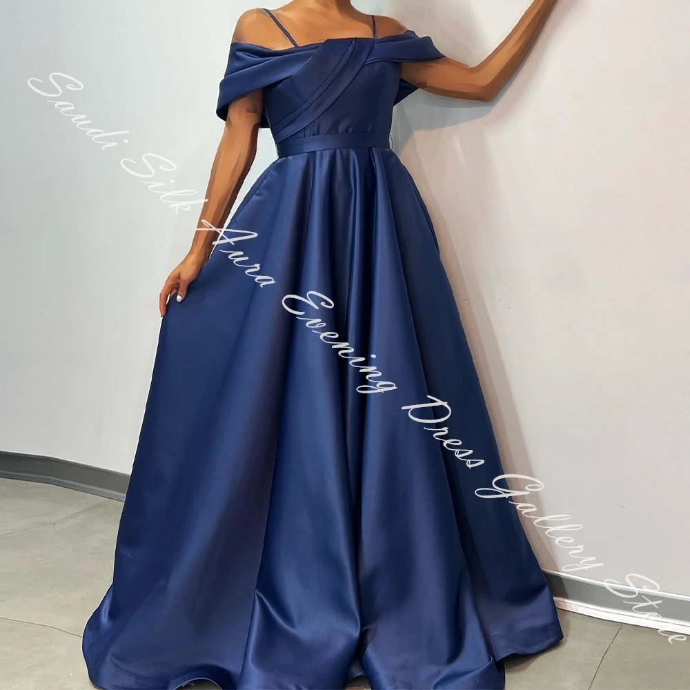 Off the Shoulder Satin Sleeveless Floor Length A-Line Evening Dress Panel Train Lace Up Back Temperament Photo Color Classic