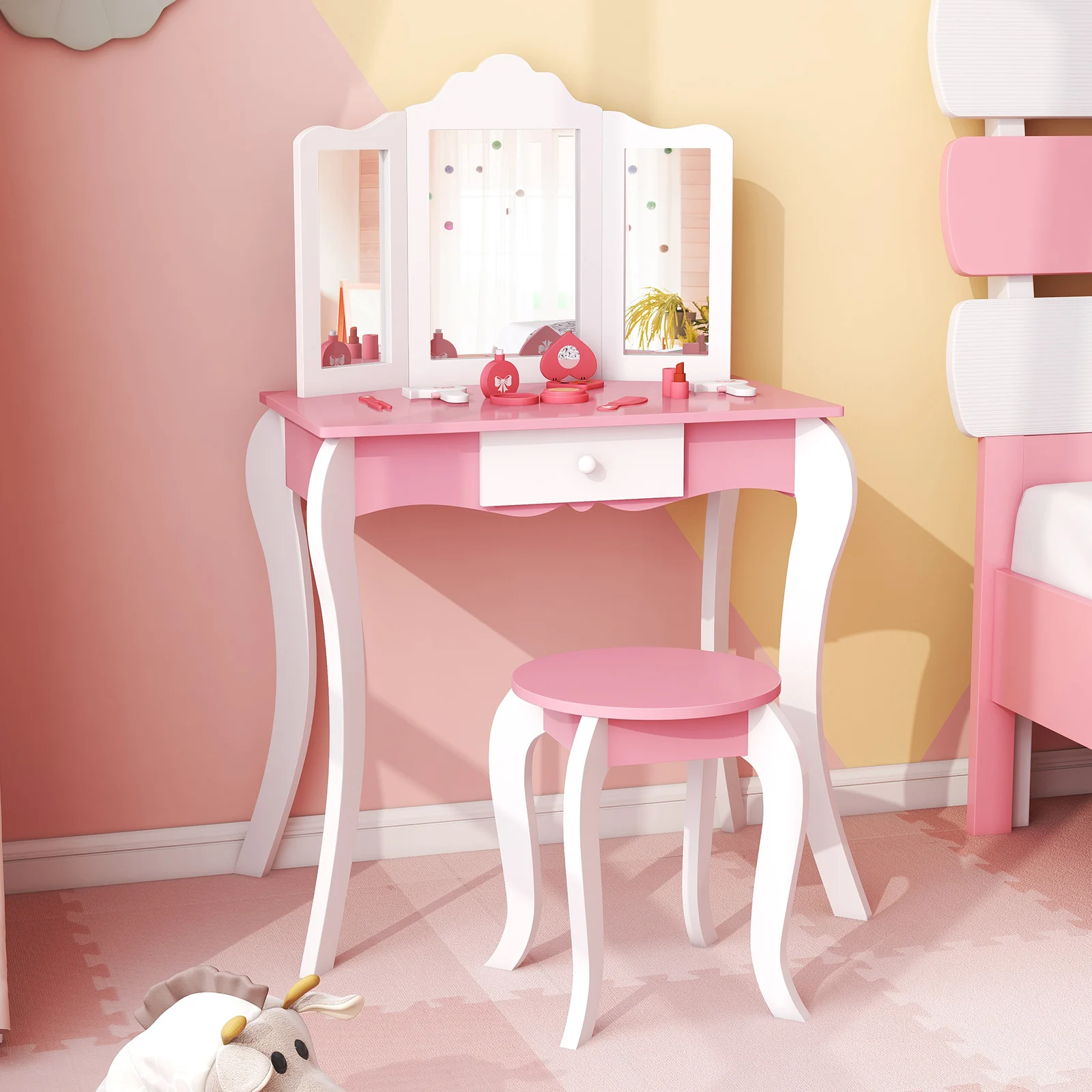 

Kid Vanity Table and Chair Detachable Tri-Folding Mirror Pretend Play Makeup Set