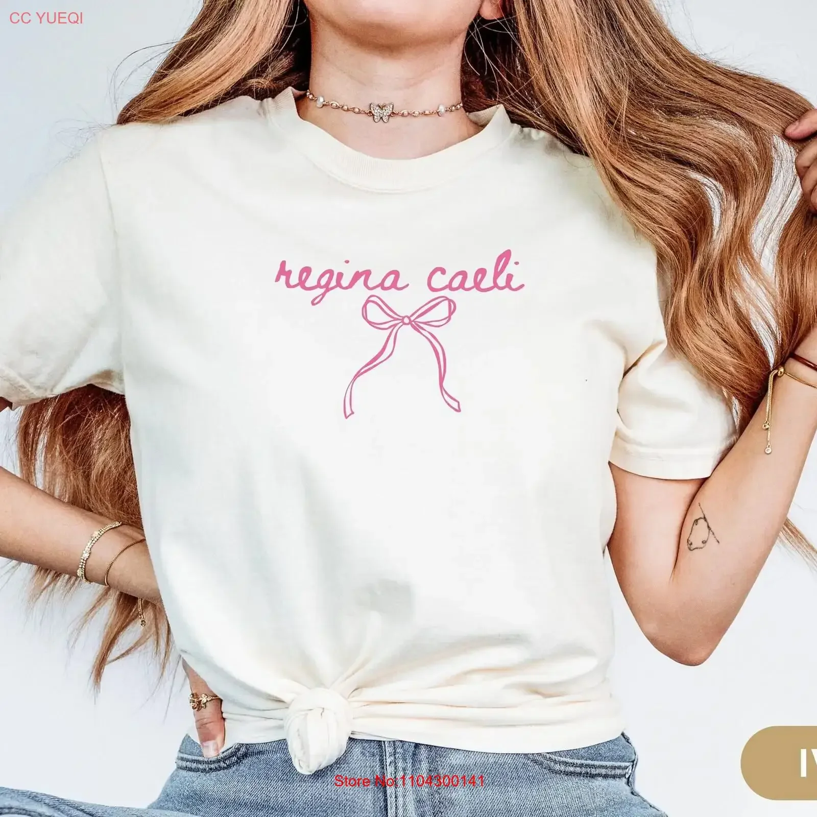 Camiseta de la Virgen María Regina Caeli, estilo católico tradicional latino, con lazo coquette y diseño de madrina, para Confirmación, vintage, lavada, a la moda.