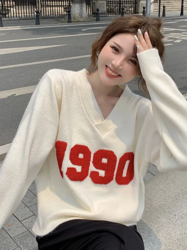 Jerséis para mujer otoño rojo Simple todo-fósforo suelto estudiantes Ulzzang carta elegante ocio moda cuello pico cómoda creatividad