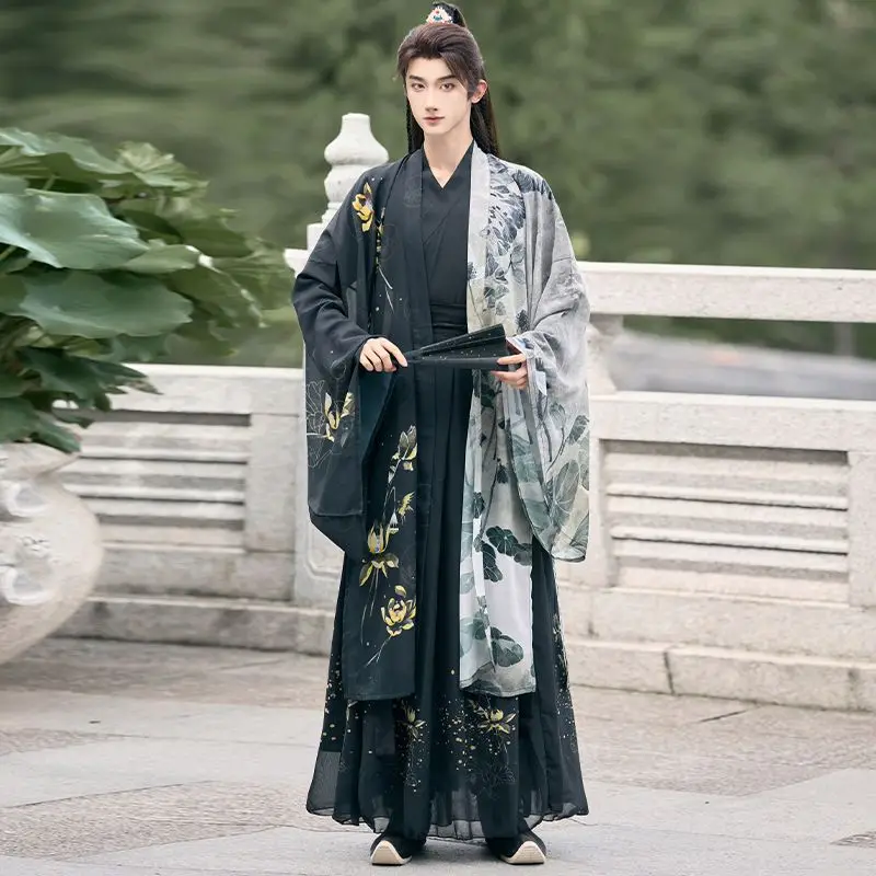 

Original new Hanfu color-blocked printed cross-collar waist-level ancient Chinese-style men's and women's sets