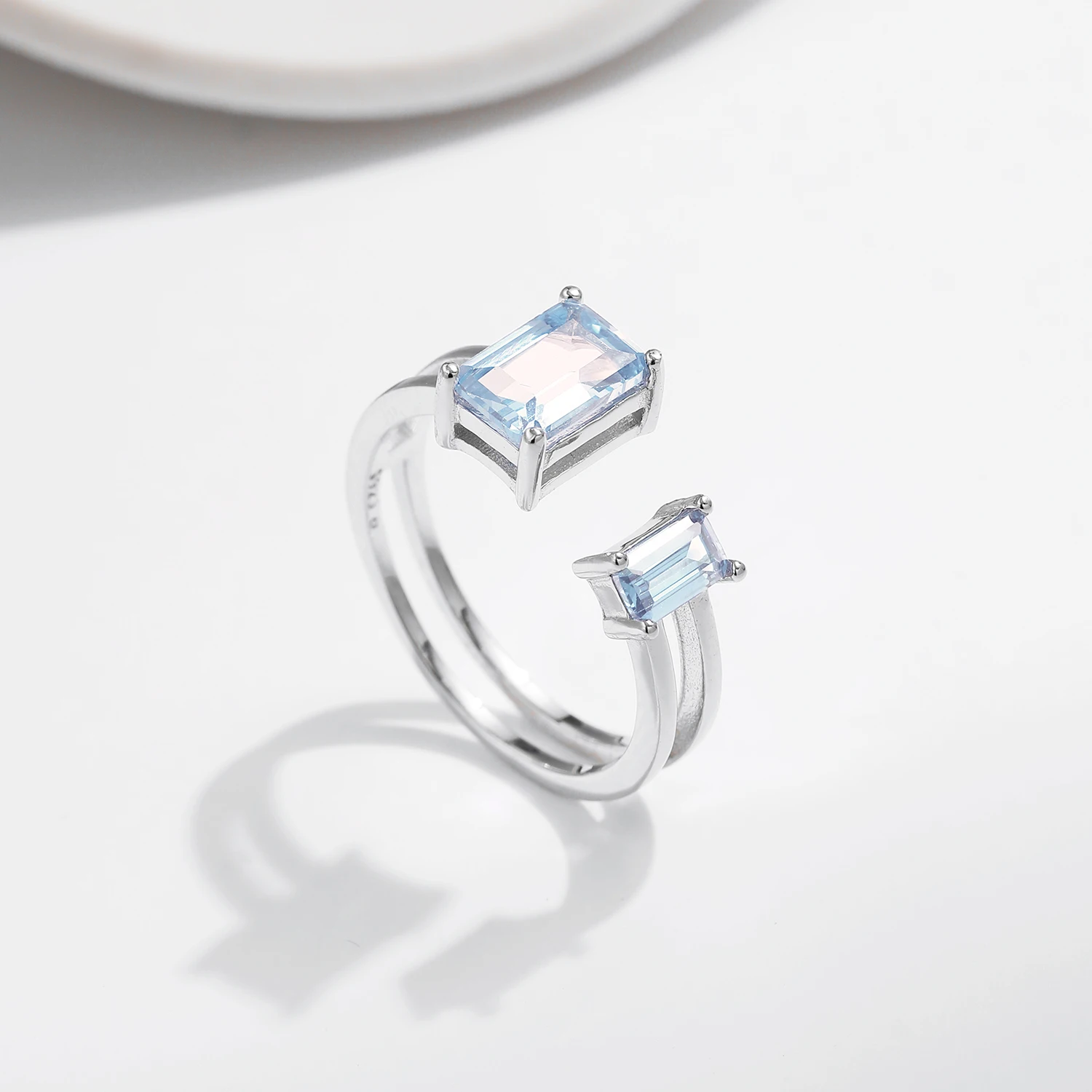 MODIAN 925 Sterling Silver Rectangle Emerald Cut Light Blue CZ Ring Delicate Adjustable Finger Ring For Women Girl Party Jewelry - view 4