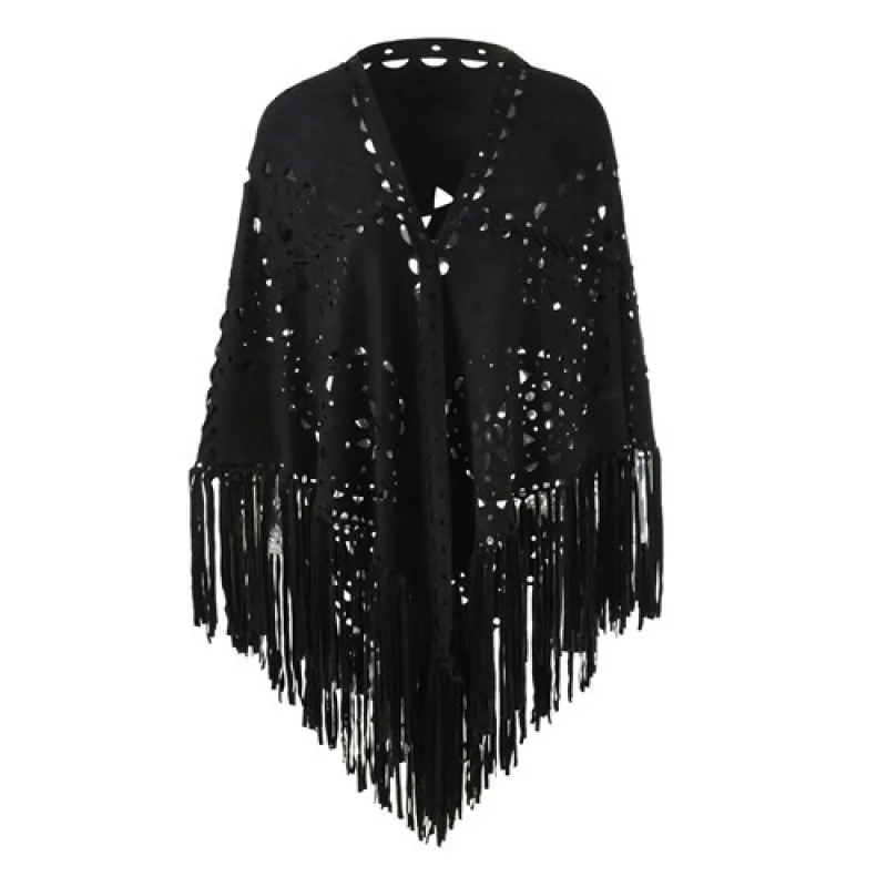 Autumn Winter Womens Suede Hollow Flowers Tassel Cape  Warm Scarf