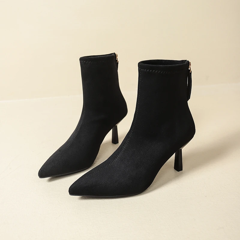2025Vintage Scrub Stiletto Booties Fashion Pointed Toe Rear Zipper Non-Slip Wear-Resistant Heels