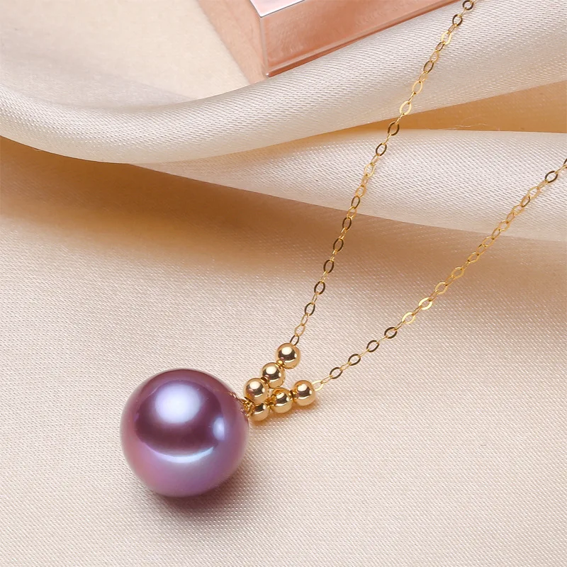 Purple Natural Freshwater Pearl Necklace with 18K Gold Clasp, Strong Luster Round Pearl, Includes Free 925 Silver Chain Gift