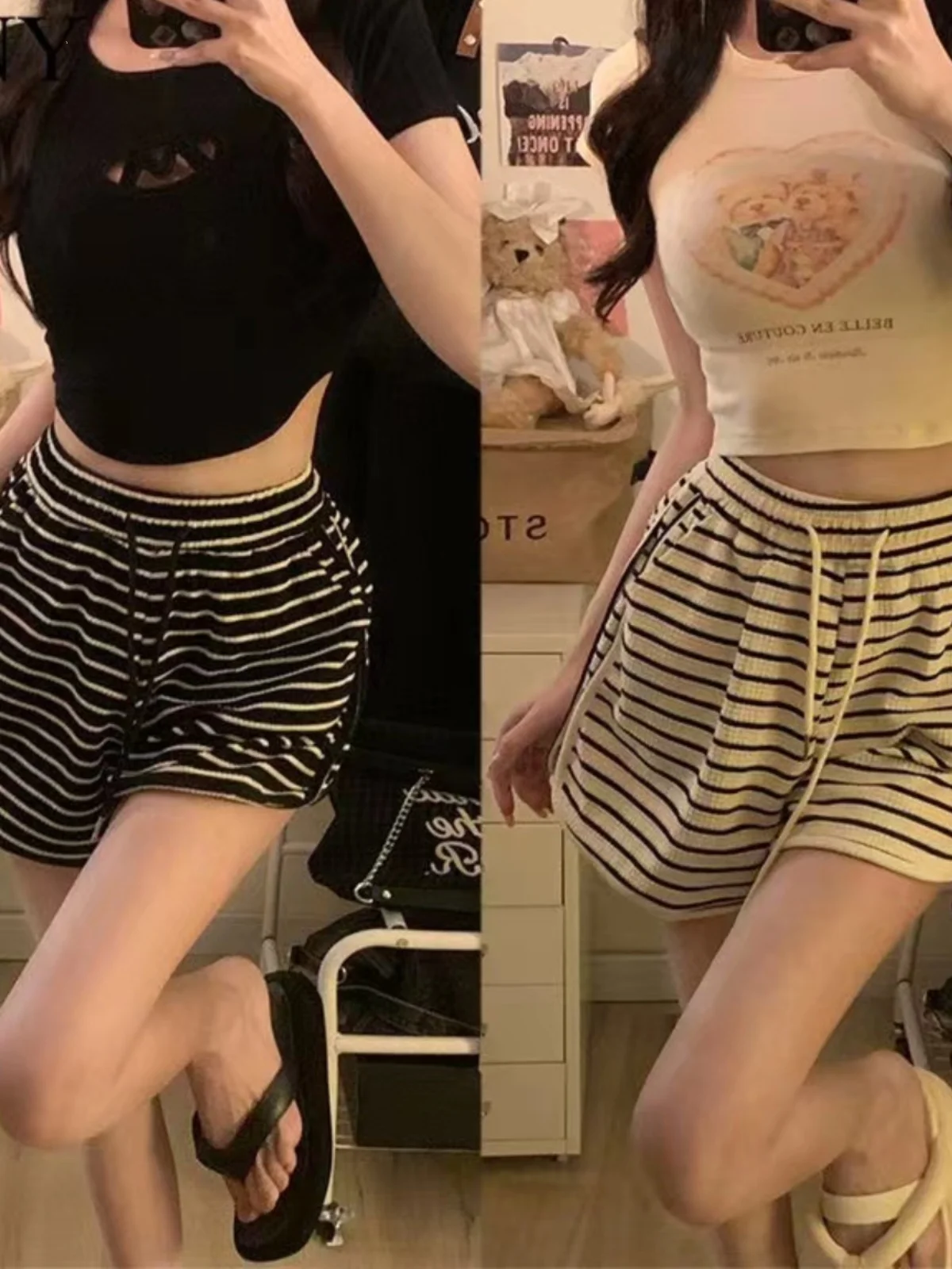 

Black White Striped Summer Thin Sporty Casual Women's Short Pants Loose Elastic Waist Wide Leg Hot Pants for Walking