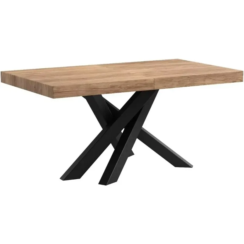 (XMSJ-Hot)Emma 63(94,5) x35,4 بطاولة طعام قابلة للتمديد، بلوط ريفي مع أرجل متقاطعة سوداء، تتسع لـ 6-10 أشخاص، طعام قابل للتوسيع