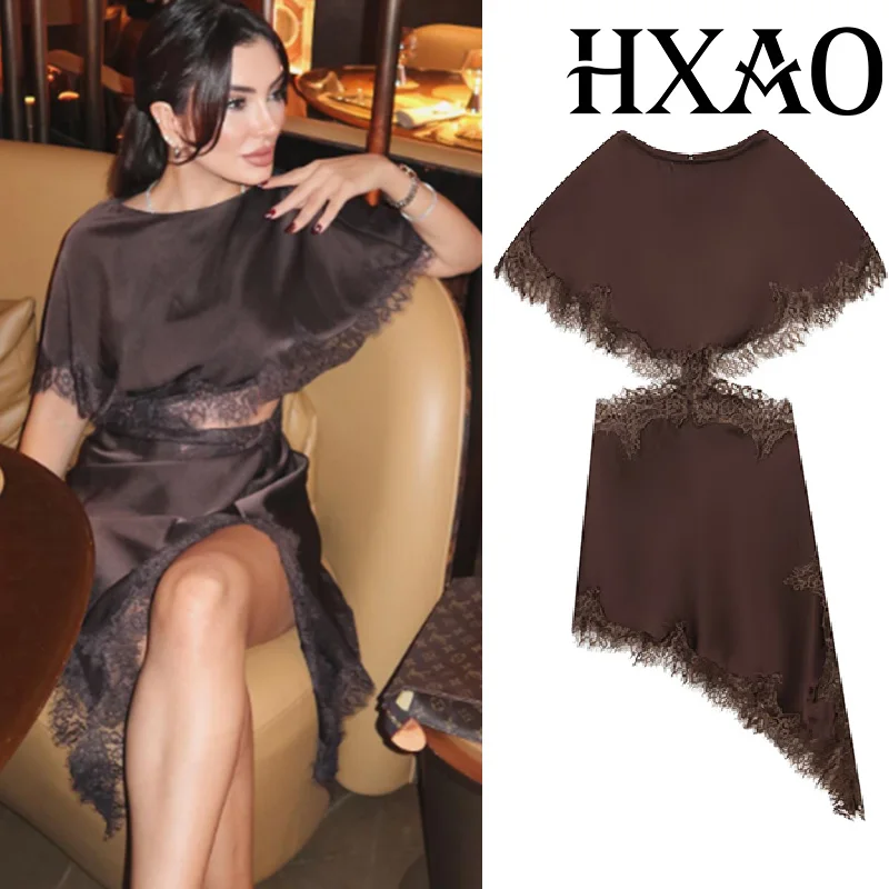 HXAO Sexy Lace Dress Woman Cut Out Elegant Party Dresses Asymmetric Satin Brown Midi Dress Women Cape Sleeve Evening Dresses