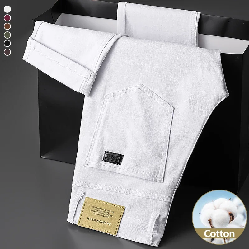 White Cotton Jeans Men's Elastic Soft Comfortable Business Casual Trousers Fashion Korean Fit Straight Spring Autumn Denim Pants