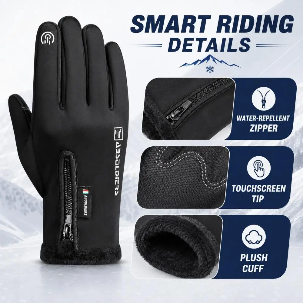 Winter Cycling Gloves with Fleece Lined Cuff Touch Screen Windproof Water Resistant Anti-Slip Zipper Warm Gloves for Men Women