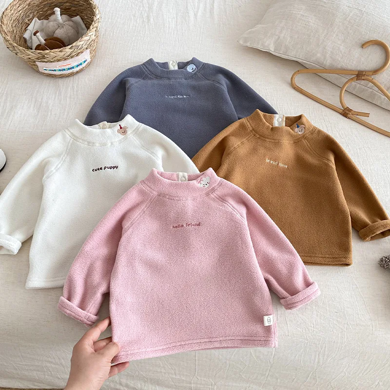 Children's Polar Fleece Undercoat 2025 New Winter Girls' Half High Collar with Embroidered Cartoon Top for Boys