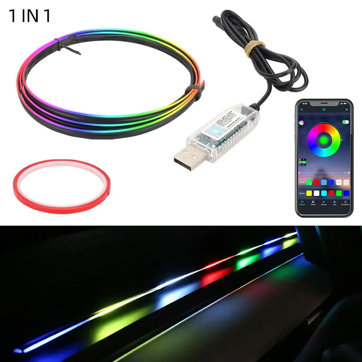 

Автомобильный светодиодный окружающий свет, 64 цвета, RGB, USB, управление приложением, внутренняя атмосферная лампа, акриловая полоса, 110 см, декор автомобиля