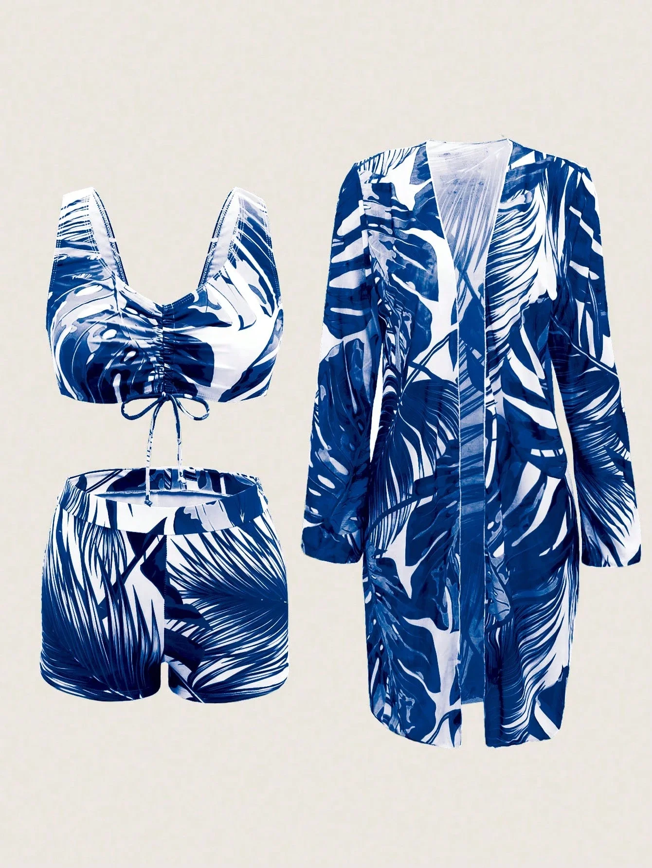 

Women's Tropical Leaf Print Drawstring Front Bikini Set With Robe Summer
