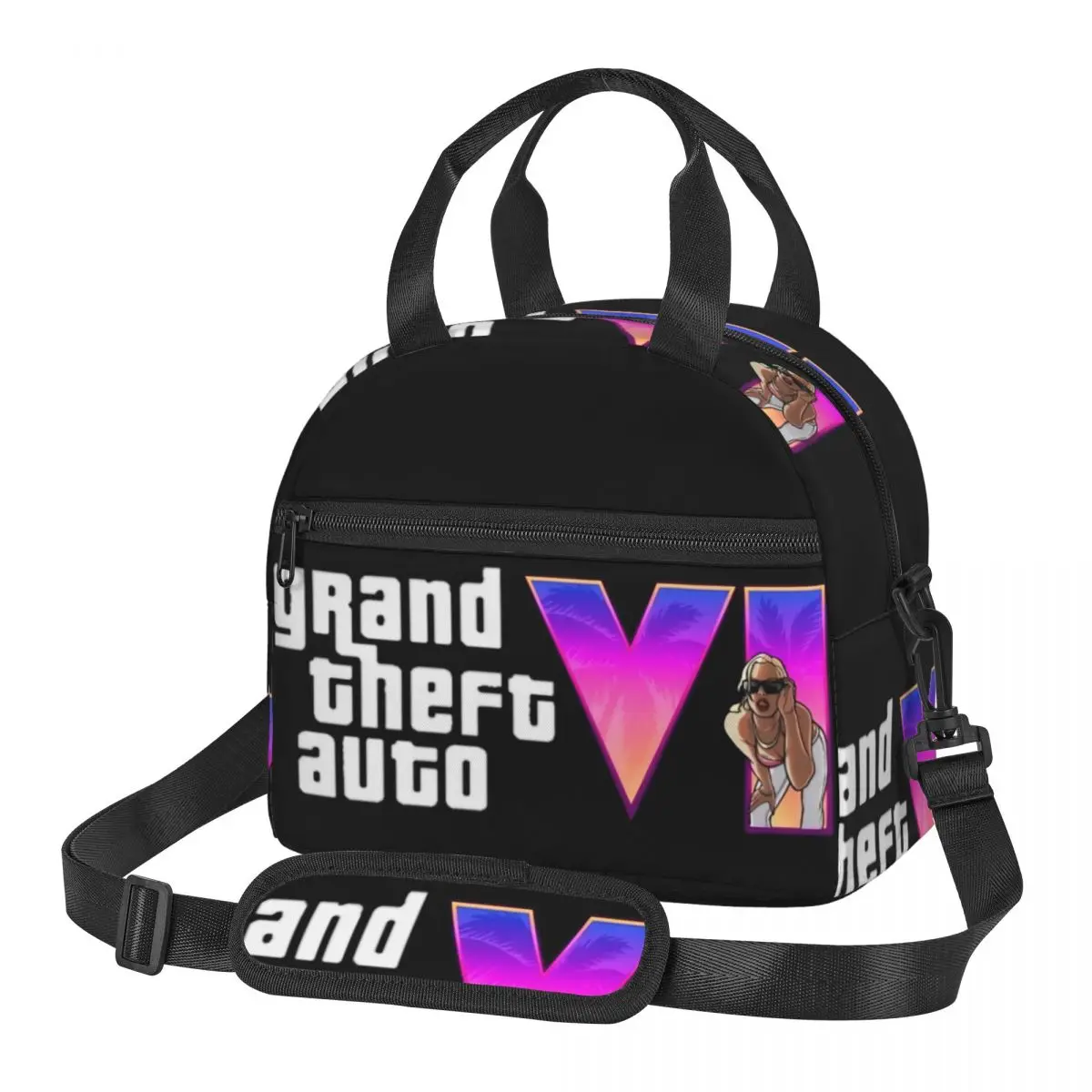 GTA 6 Lucia Retro Logo Insulated Lunch Bag With Adjustable Shoulder Strap New Game Food Container Bags Cooler Thermal Lunch Box