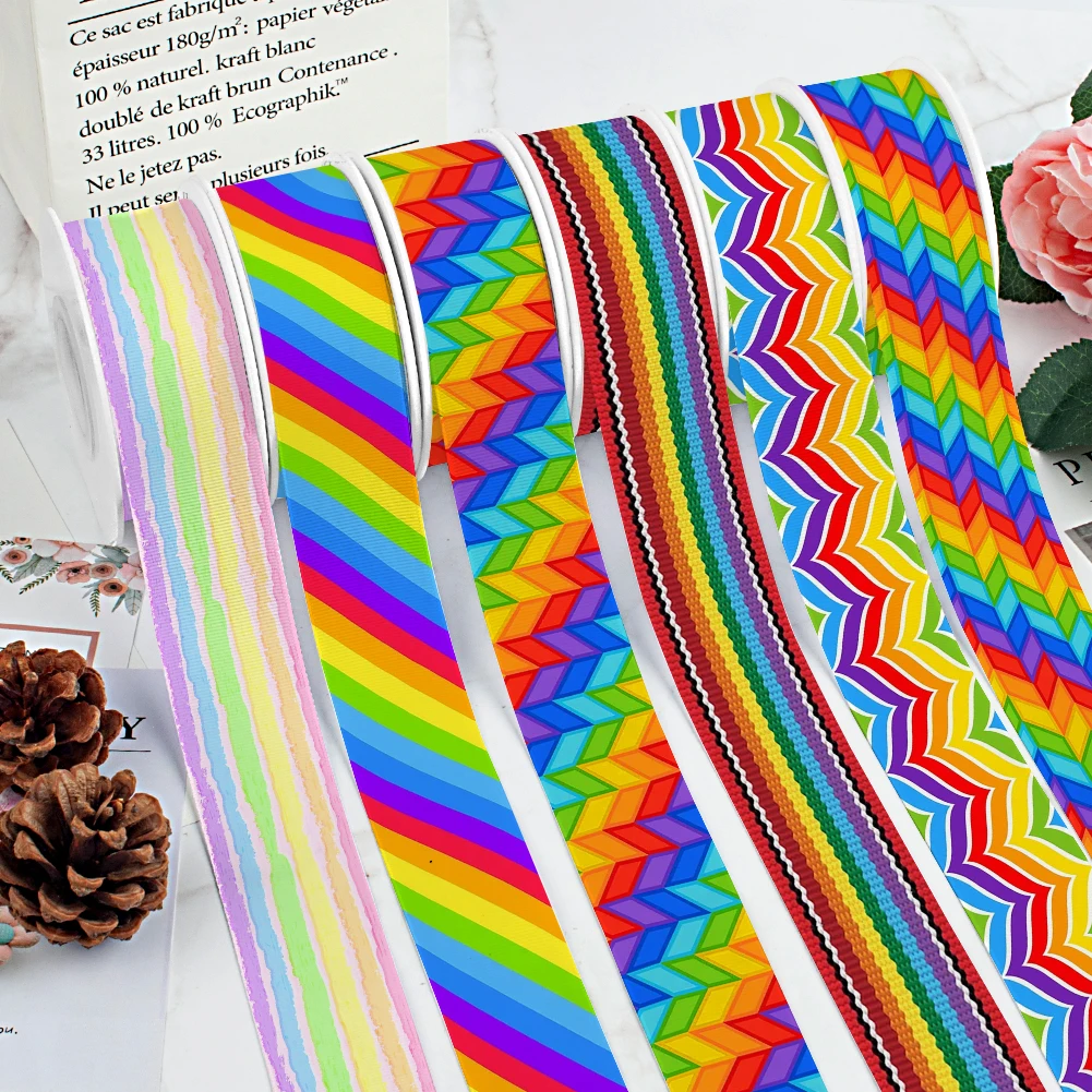 Rainbow Gradient Color Printed Grosgrain Satin Ribbon for Gift Wrapping Hair Bow Craft Accessory 50 Yards