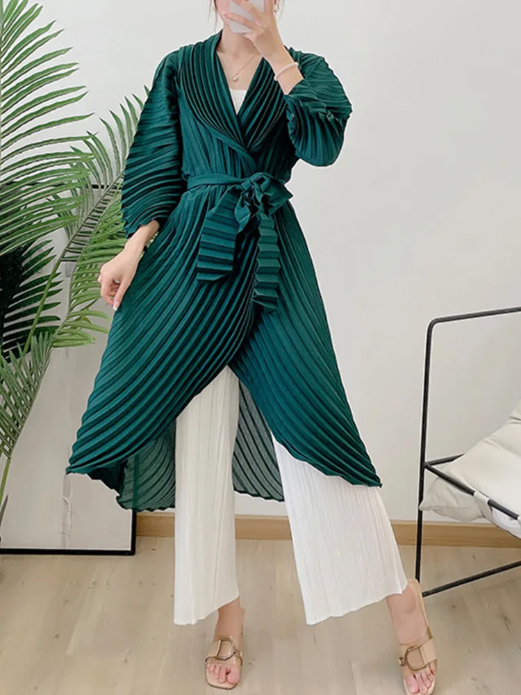 GVUW Sold Color Pleated Trench Coat Women Open Stitch Bandage Irregular Midi-length Autumn Fashion Lady Elegant Coat 17D2418