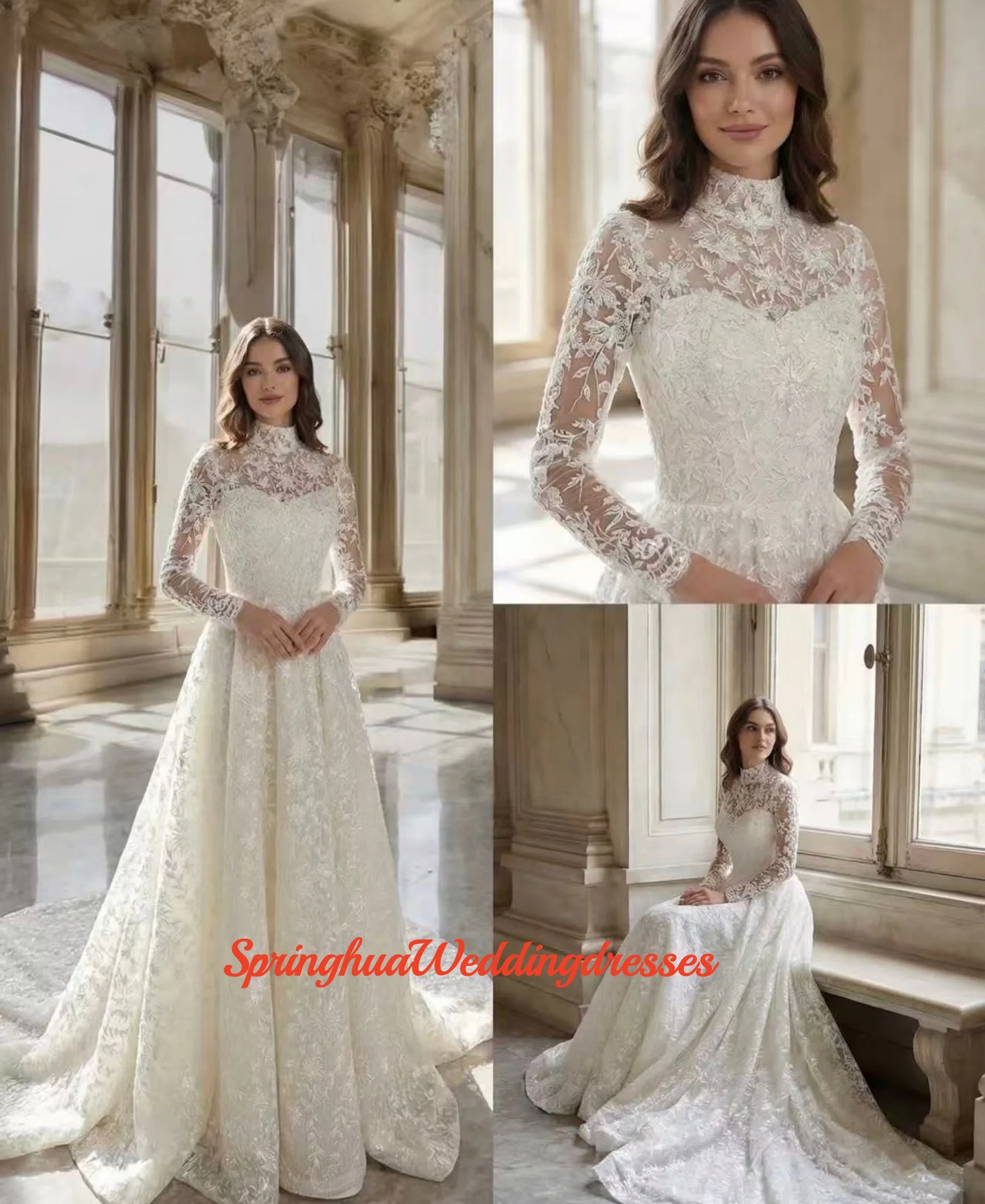 

CustomizedLuxury Lace Wedding Dresses For Woman Bride Mermaid Detachable Train High Neck Buttons Vestidos De Novia