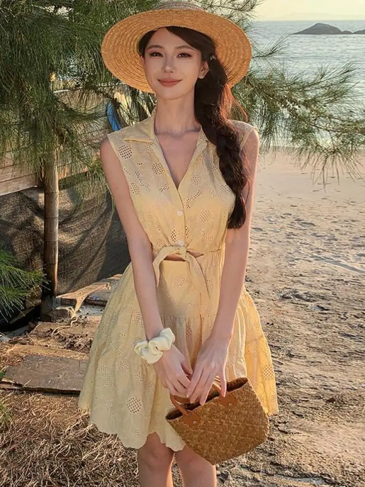 

Korean Fashion Women Yellow Embroidery Elegant Backless Vest Short Dresses Summer Hollow Out Vacation Pleated Mini Dress Popular