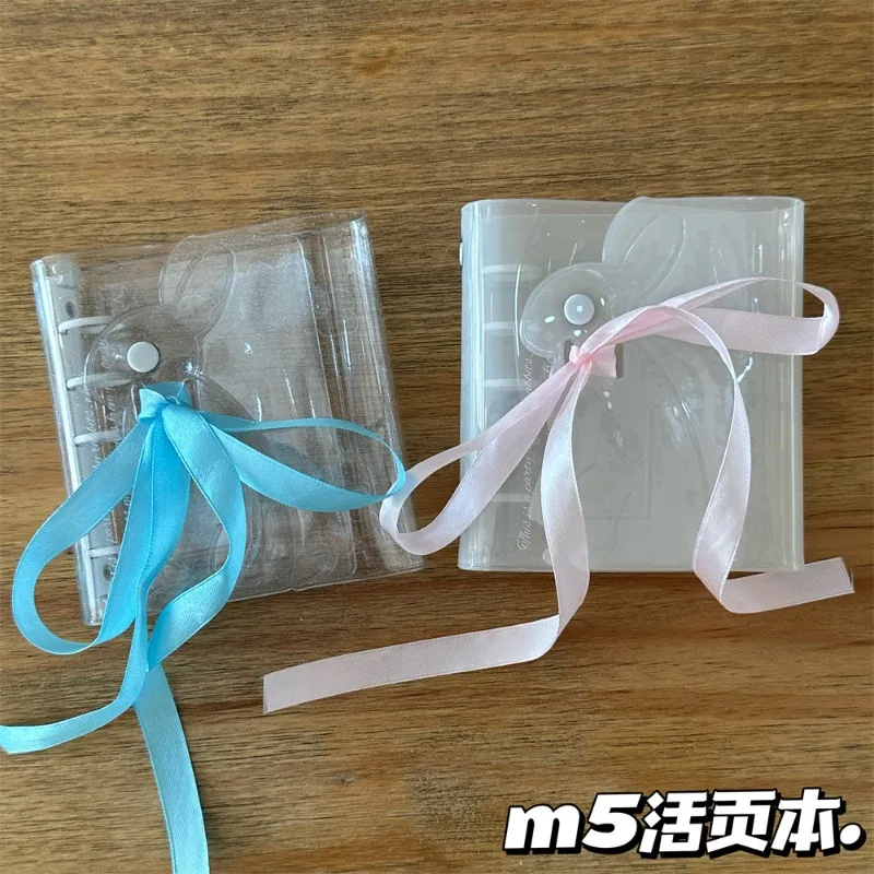 Cute Rabbit Ribbon M5 Binder Notebook, Ins Style Pocket Diary Journal, 3 Inch Photocard Album Card Holder