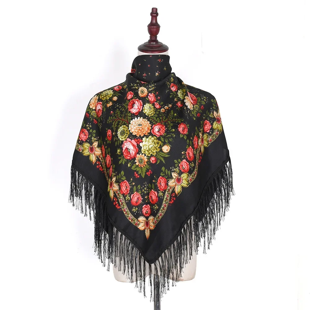 115*115cm Luxury Floral Print Russian Square Scarf Women Ethnic Style Traditional Fringed Ukrainian Shawl  Travel Beach Shawls