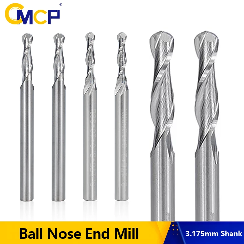 

CMCP Aluminum Cutting End Mill 3.175mm Shank Spiral Ball Nose Milling Cutter for Metal Aluminum Brass 2 Flute CNC Router Bit