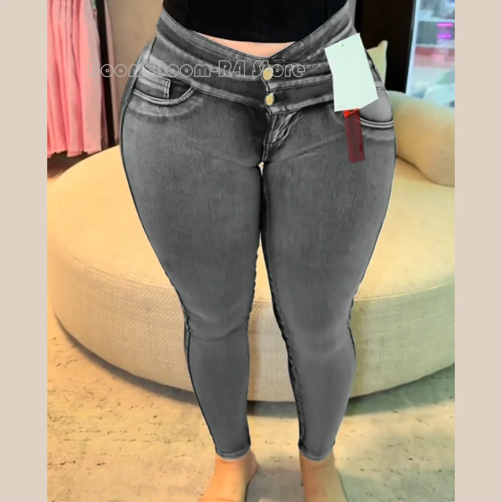 Women's High-Waisted Grey Skinny Jeans Double Button Closure Slim Fit Stretchy Denim Curvy Body Shaping Pants Slimming Leggings