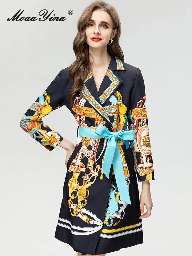 MoaaYina Autumn Fashion Designer Vintage Pattern Printed Trench Coat Women Lapel Frenulum Gathered Waist Slim Short Trench Coat