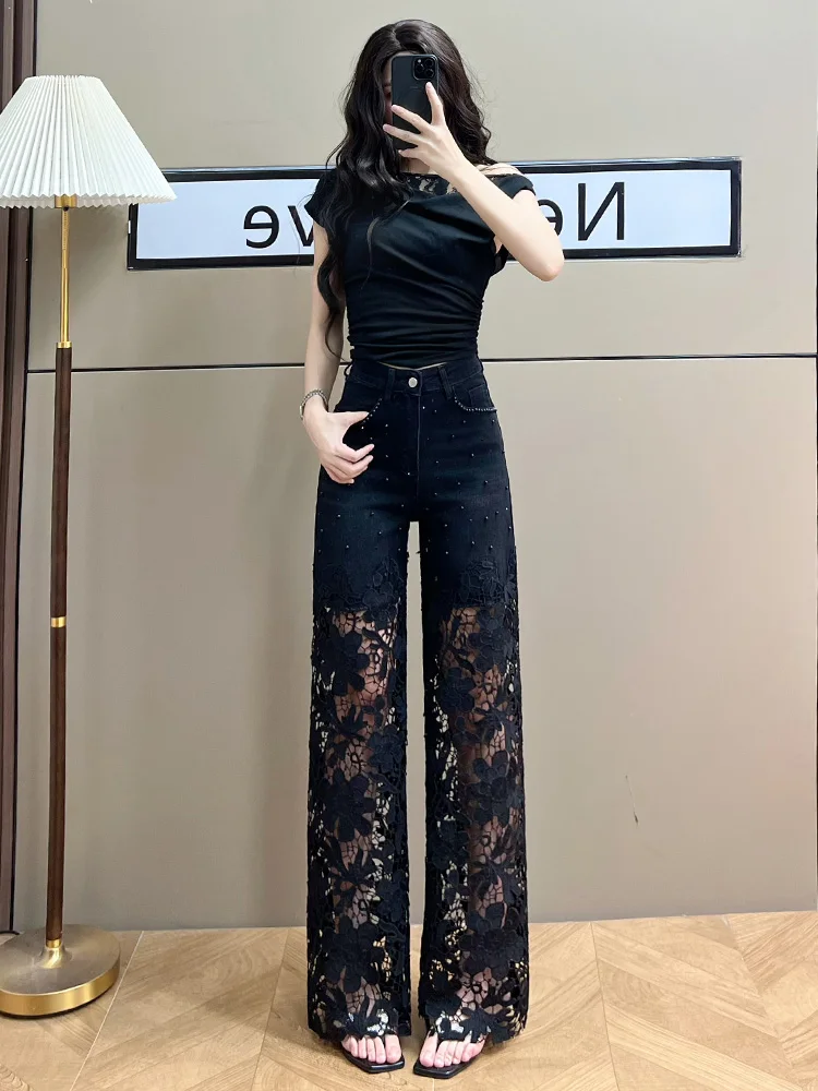 

Модные женские летние джинсы с кружевными вставками и широкими штанинами, тонкие, свободные, прямые, с высокой талией, из смесового хлопка и полиэстера