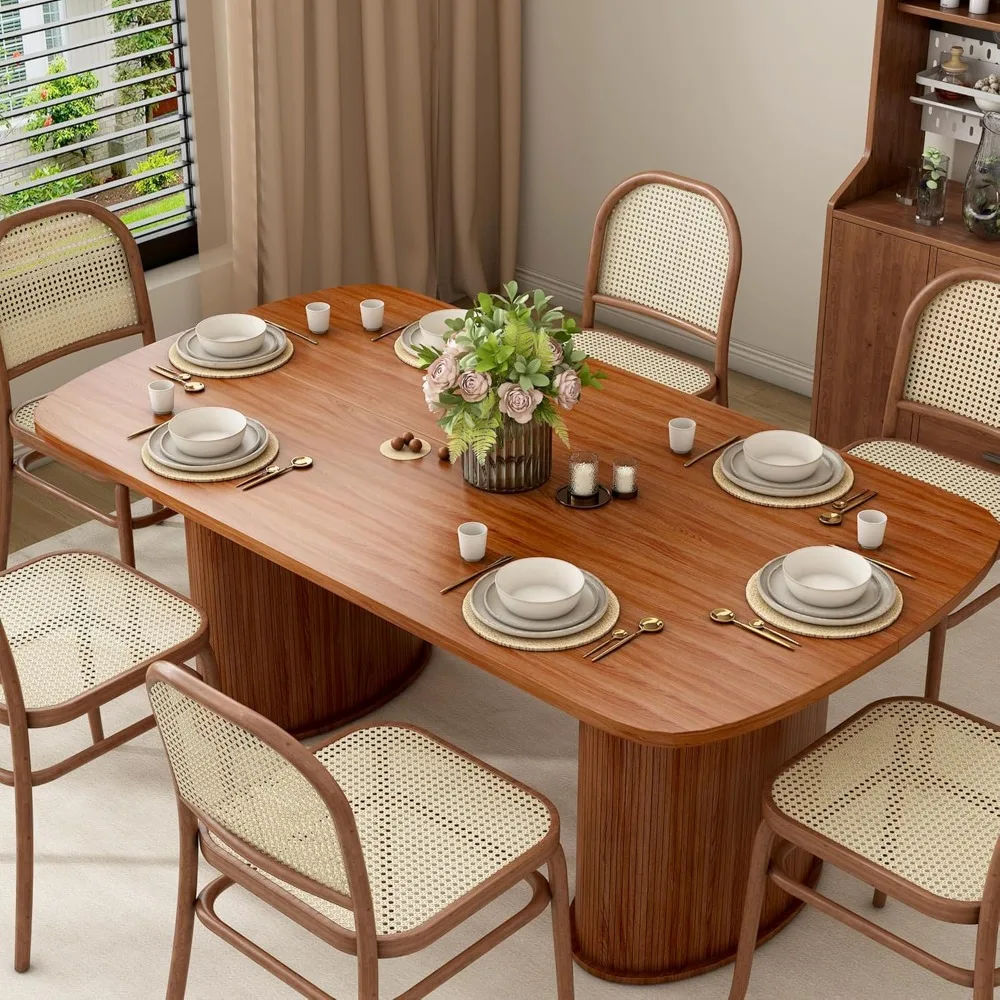 

63 inch Rectangular Dining Table for 6, Kitchen Table Dinner Table with Cylindrical Base, Safe Rounded Edge Farmhouse Dining Tab
