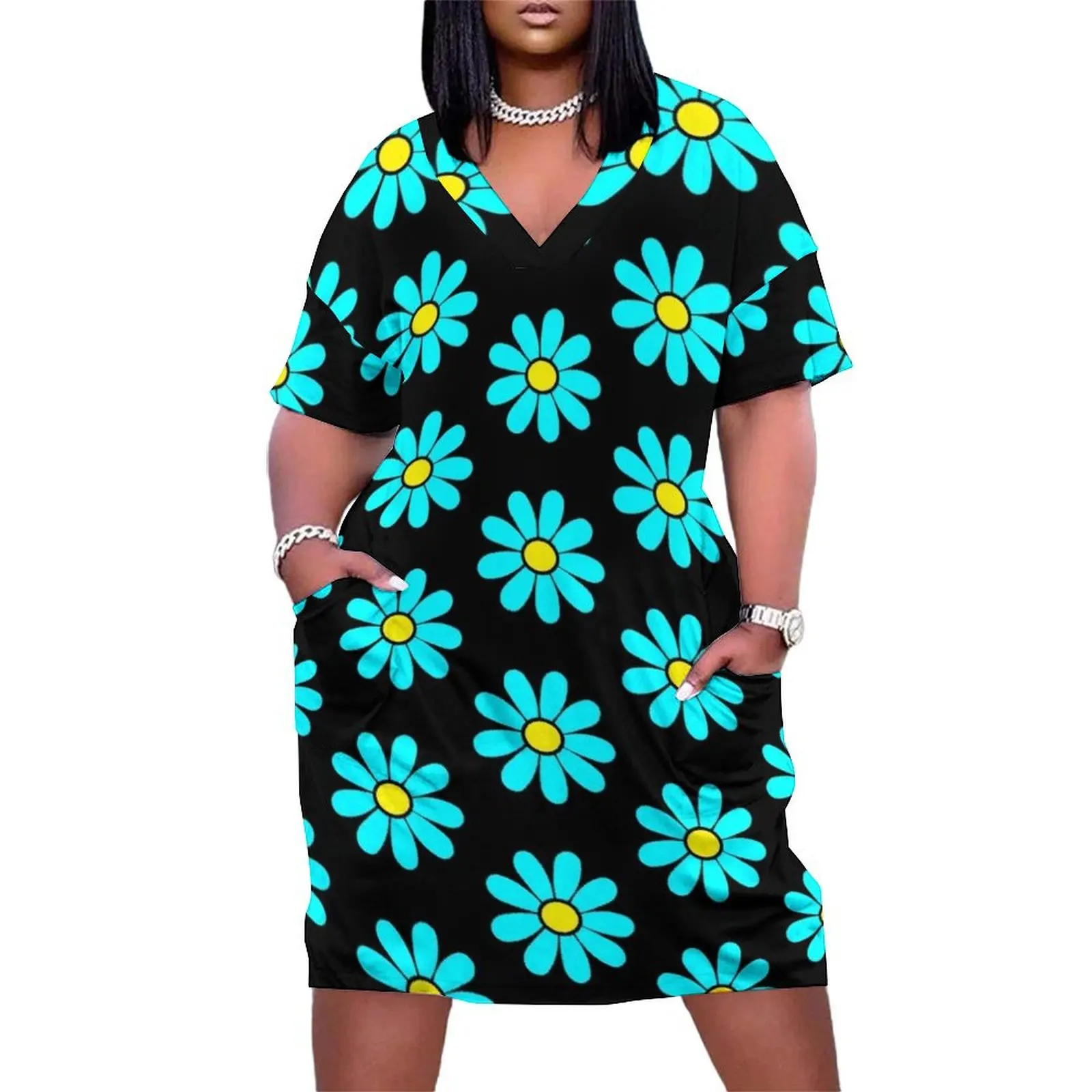 

Happy Blue Yellow Daisy Flower Power 60"s 70s Retro Vintage Hippie Gardening Loose Pocket Dress prom dress 2024