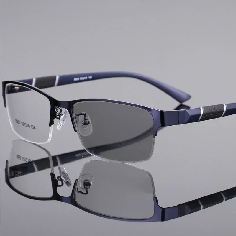 Trendy Business Half Frame Photochromic Anti-UV Sunglasses Vintage Blue Light Blocking Color Changing Minus Glasses with Diopter