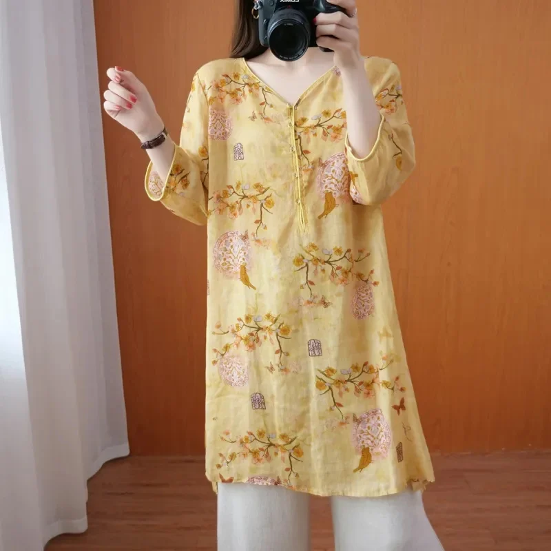 Cotton Linen Ethnic Women's Clothing 2022 Summer New Retro Medium Long Three-Quarter Sleeve T-shirt Chinese Style Linen Shirt W5
