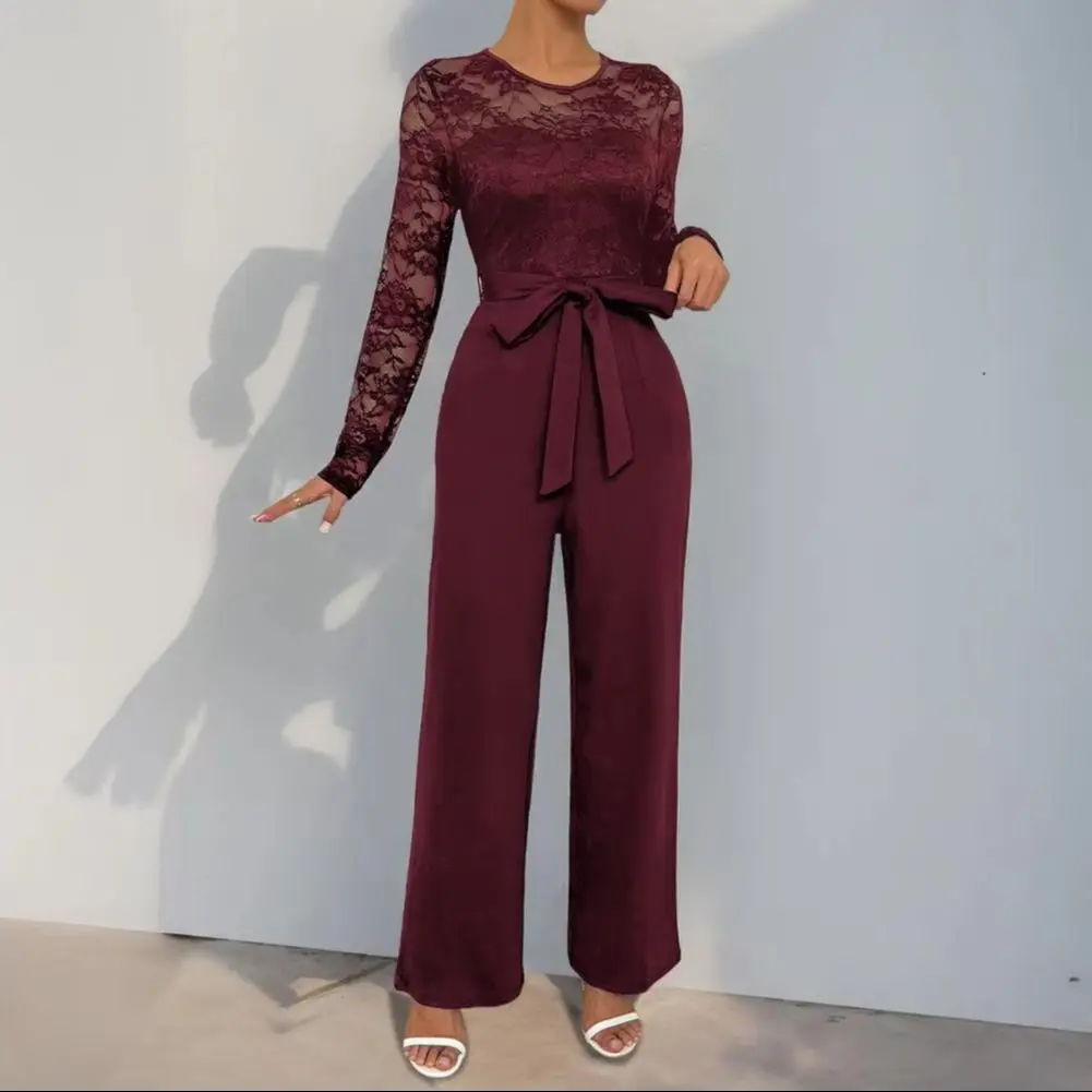 

Casual Summer Clothing Polyester Jumpsuit Elegant Lace Formal Jumpsuit with Belt Women's Wide Leg Pants Romper Stylish for Women