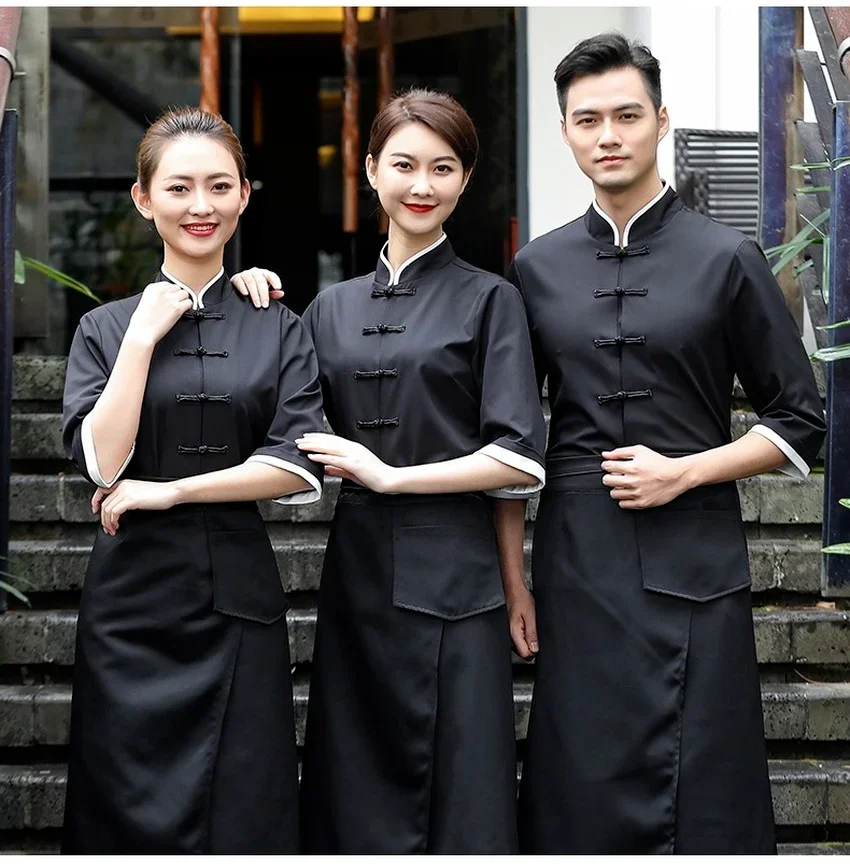 Ristorante cinese Chef Uniforme Cameriere Vestiti Tradizionale Tang Suit Cuoco Camicia a mezza manica Grembiule unisex Donna Uomo Tinta unita