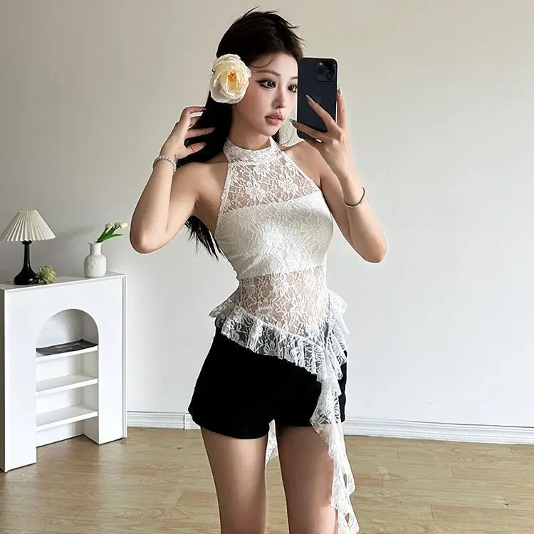Cute Elegant Lace Halter Neck Camisole with Scalloped Hem Sash Tie Figure Flattering Summer Trendy Classy Women Top