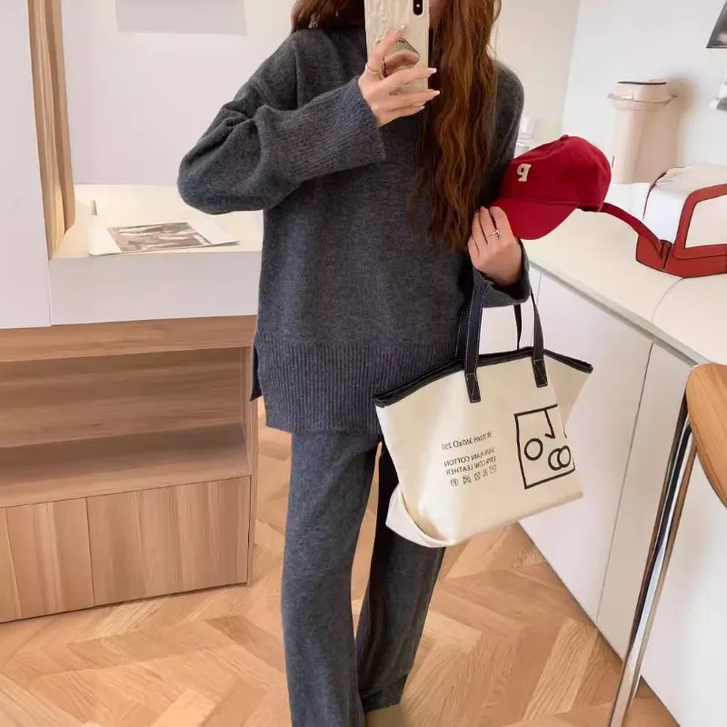 

Casual loose knit Split Pullovers+Elastic waist pants 2-piece set winter Women's Set New Mock Neck Solid long sleeve Tops Set