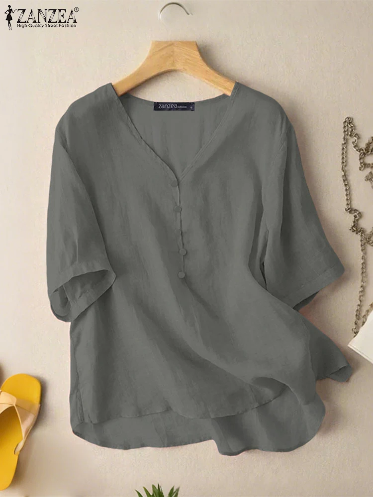 

ZANZEA Summer V Neck Short Sleeve Shirt 2025 Women Blouses Casual Loose Chemise High Low Blusas Elegant Solid Work OL Tunic Tops