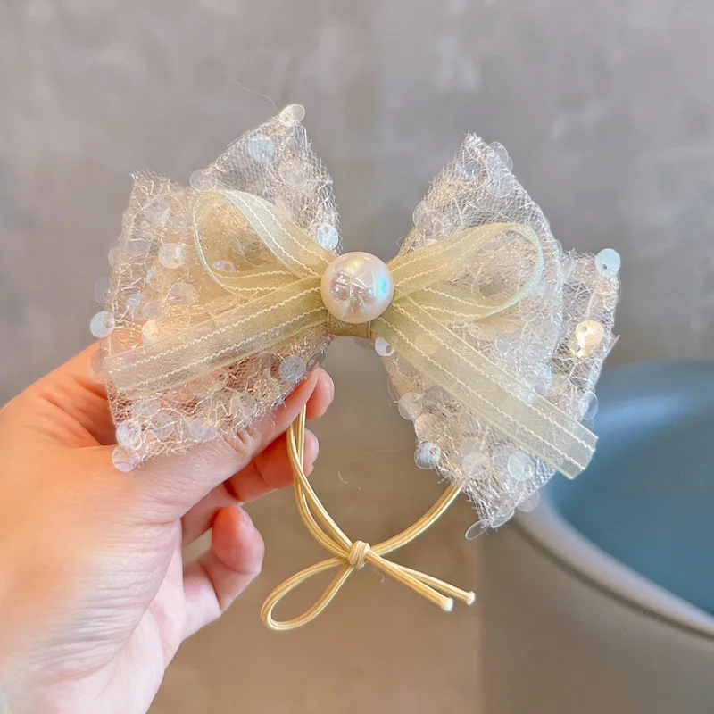 

Резинки для волос в Корейском стиле, летние резинки для волос с жемчугом и стразами и бантом в горошек для девочек, нежные нескользящие резинки для волос