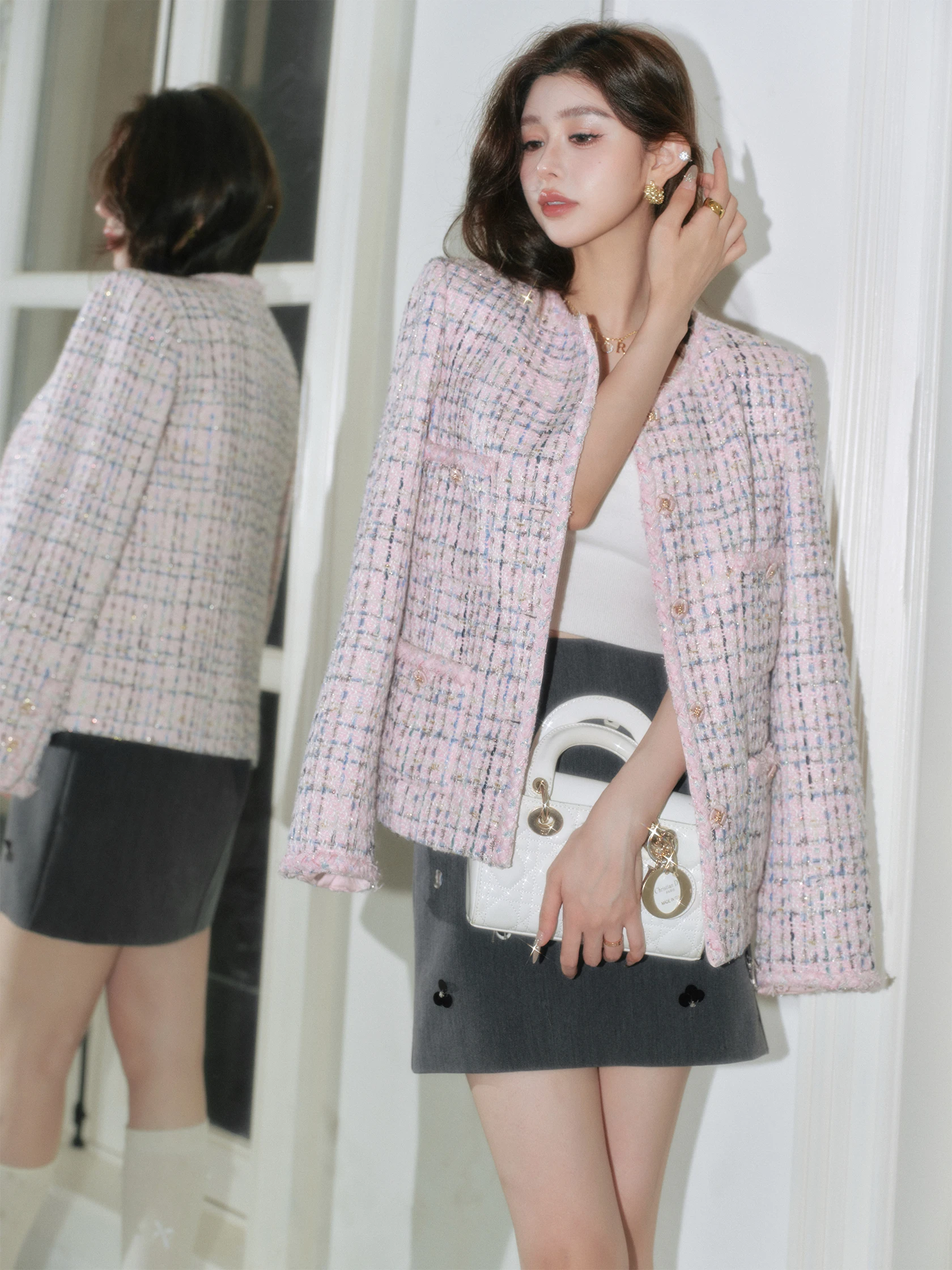 

Pink Floral ort Outerwear Ele Commute Versatile High-End Age-Defng Small Fraance Sle French Sle Polyester Fiber