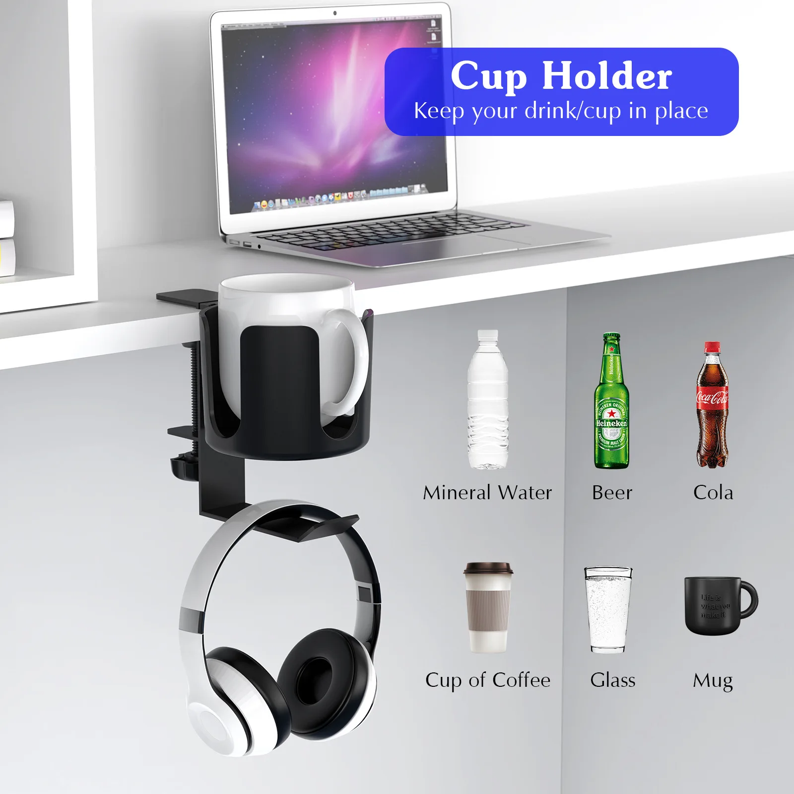 Nicht perforierter Tischbecherhalter mit Haken, Tischbeutelhalter für Kleinigkeiten, Getränkehalter