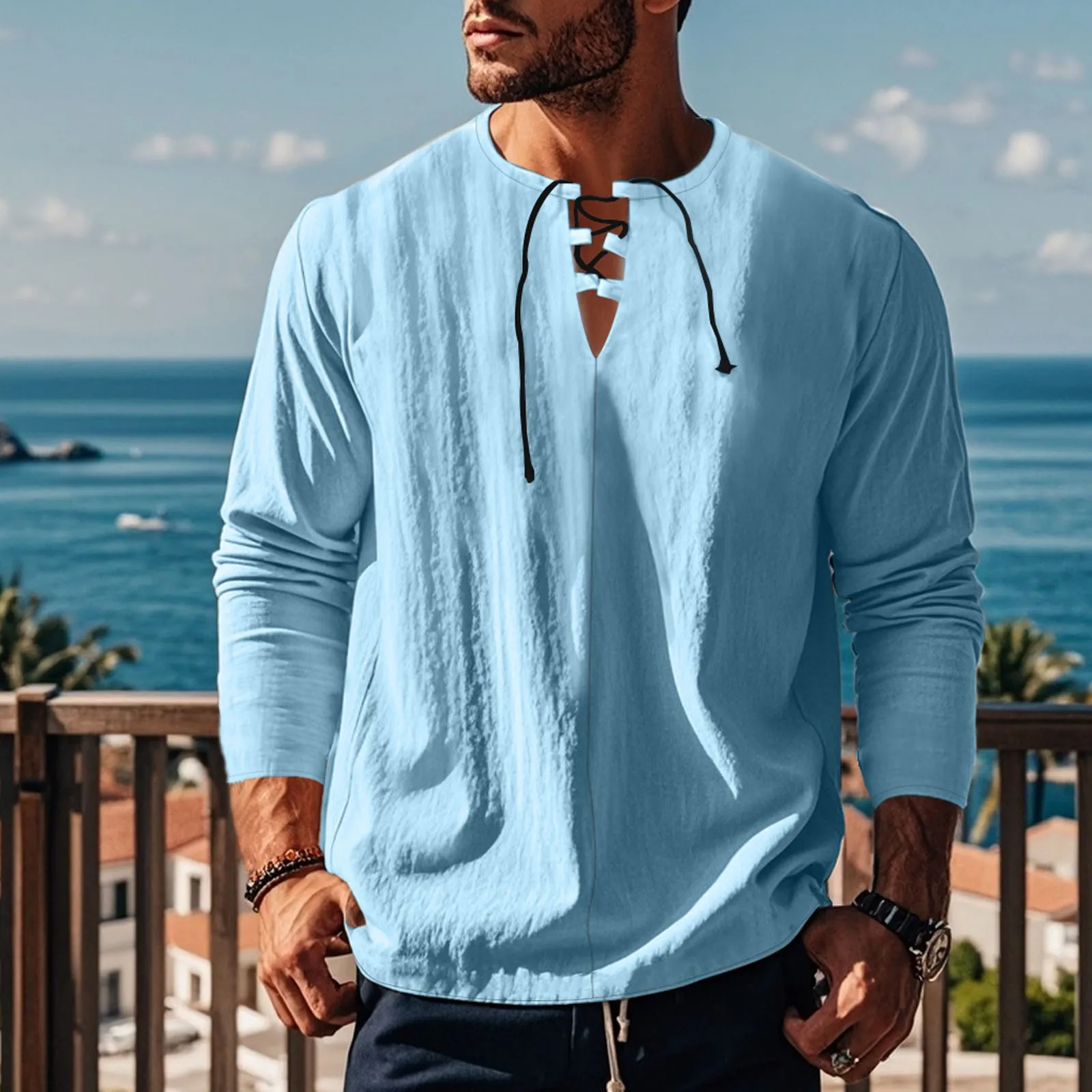 

Men'S Solid Colour Cotton Linen Beach Shirt Simple Vintage Tie Neck Casual T-Shirt Minimalism Long Sleeves Loose Crew Neck Tee