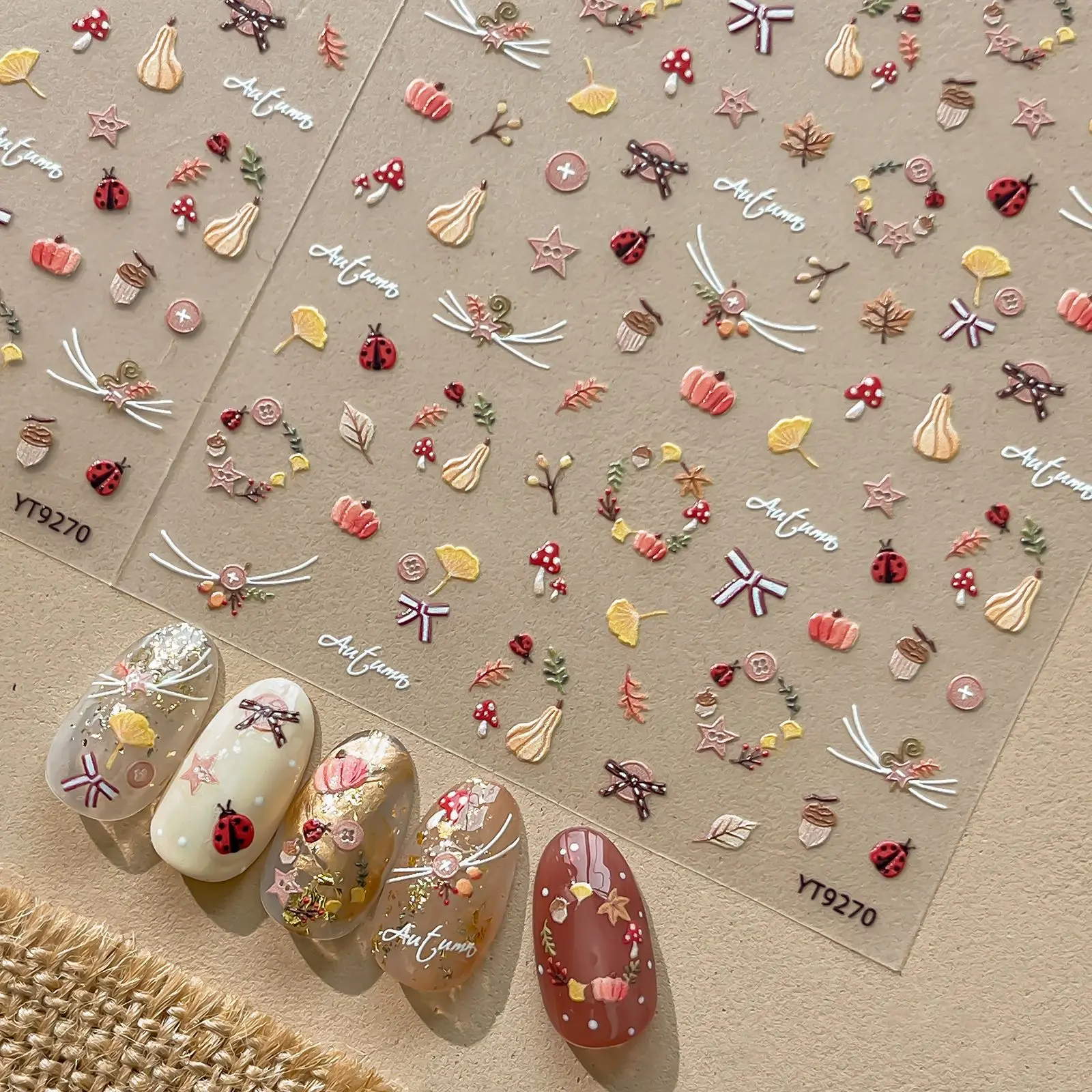 Autumn Nail Stickers Ginkgo Leaf Ring Maple Mushroom Pumpkin Button Ladybug Star Adhesive Nail Art Decorations Stickers Decals