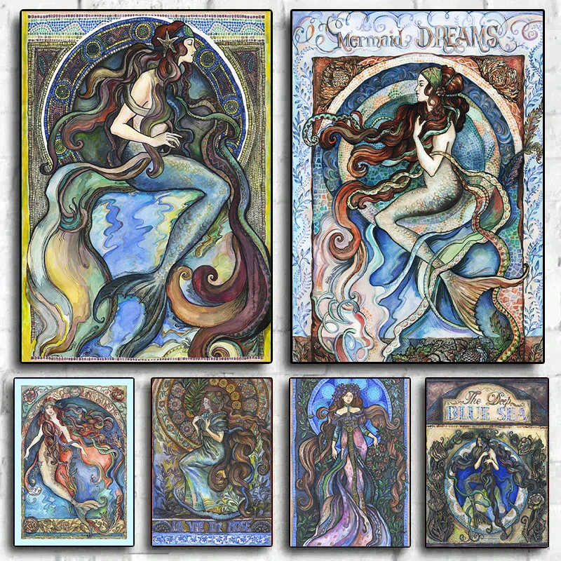 Inspired Art Nouveau Sailor and Mermaid Dreams Poster Print Canvas Painting Mysterious Creature Wall Art Room Home Decoration