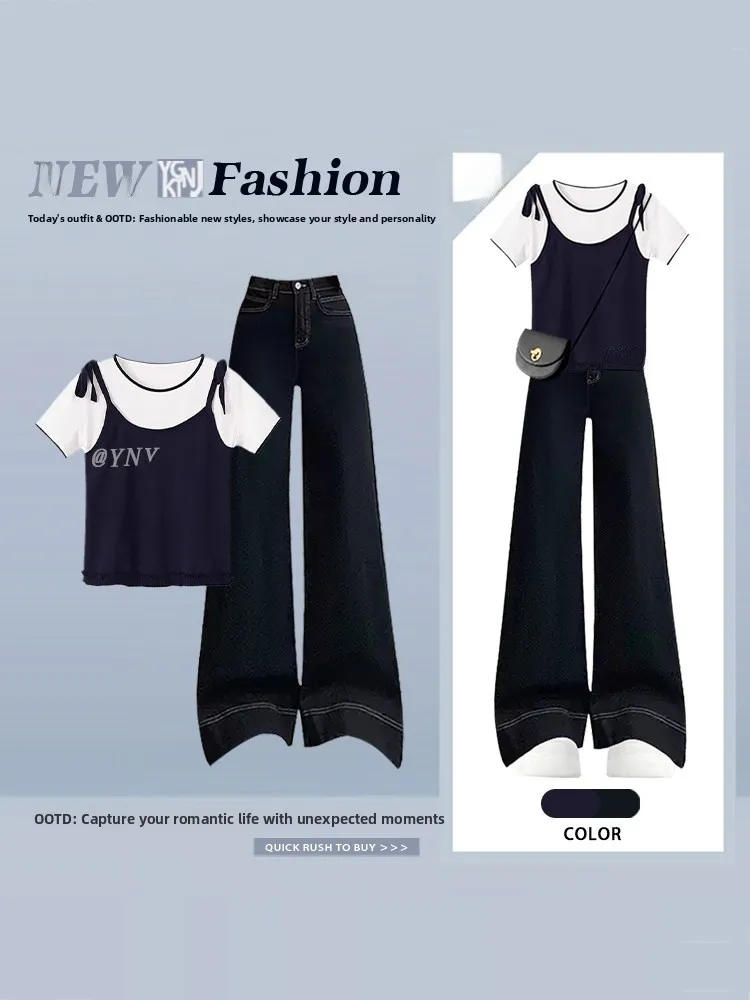 

Korean College Style Loose Fake Two-Piece T-Shirt Denim Patchwork Top Summer Fashion Retro Slimming Jeans Two-Piece Set