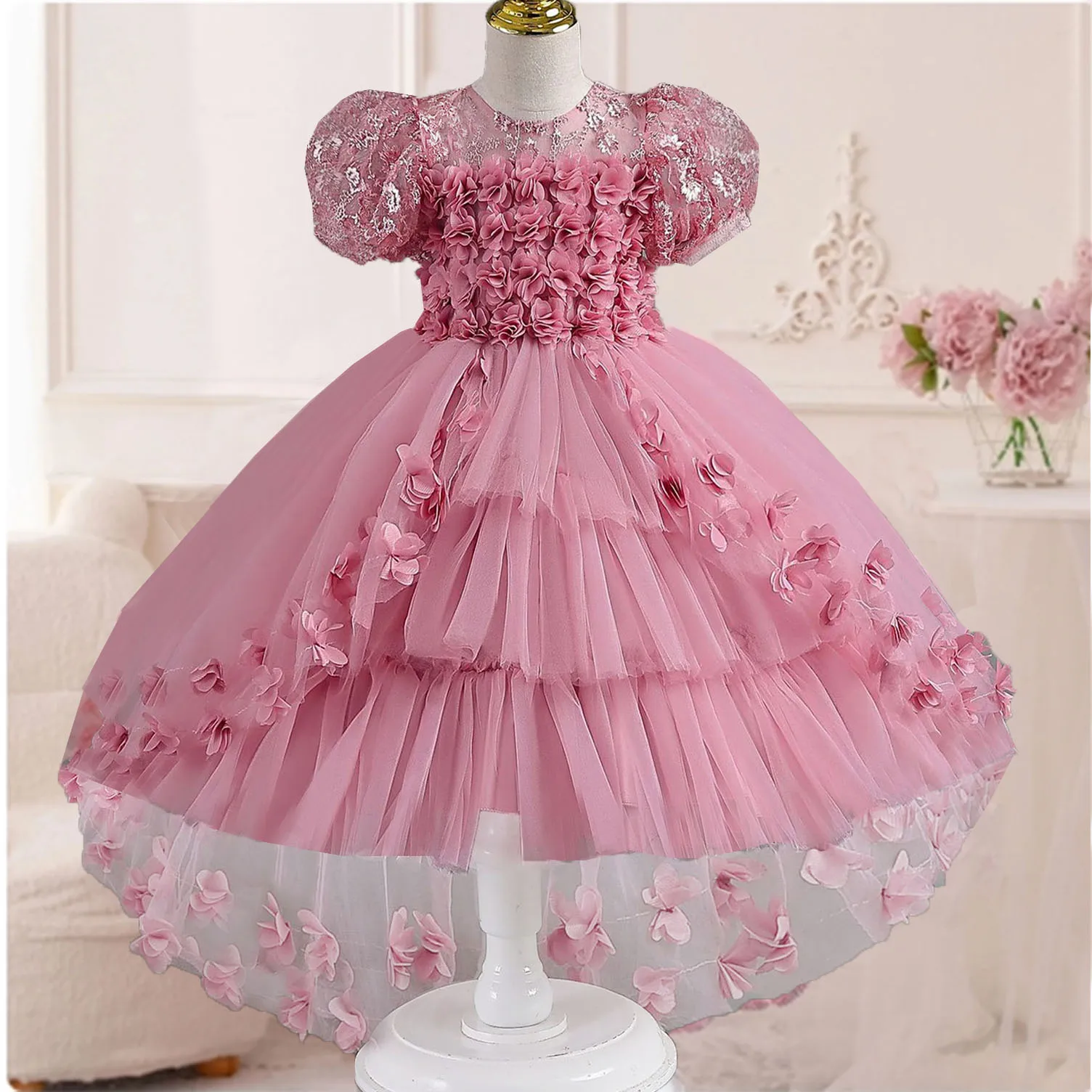 

Elizabeth Fashion Little Girls 3D Flower Girl Wedding Bridesmaid Dress Birthday Party Pageant Hi-Lo Gown AT122