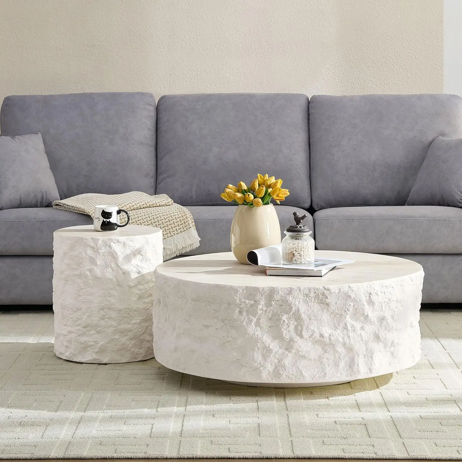 

White Marble Grain Nesting Coffee Table Set of 2 for Living Room Bedroom Office,No Assembly,Customized