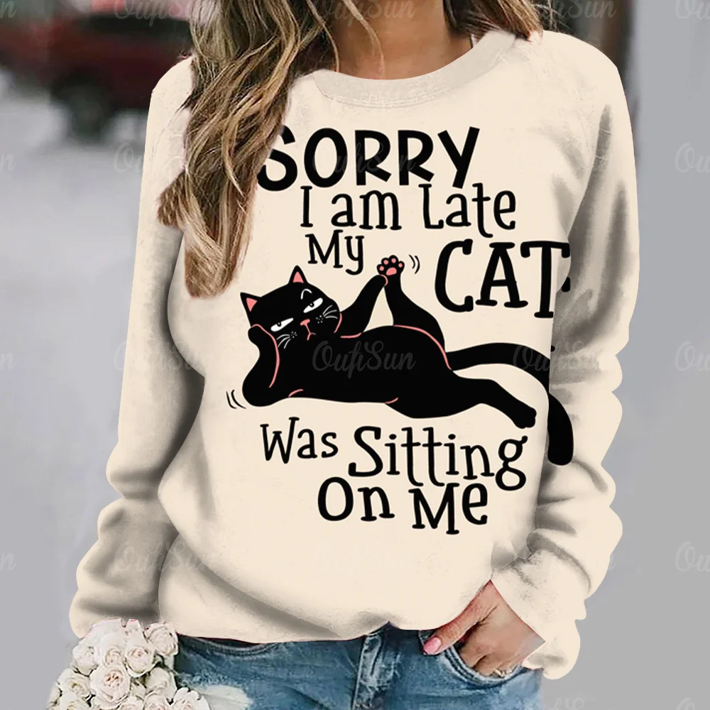 Anime Cat Printed Women\'s T-shirt Vintage Style Sweater Cotton O-neck Y2k Long Sleeve Ladies Clothing Oversized Street Pullover