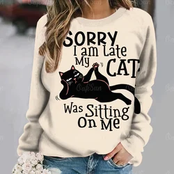 Anime Cat Printed Women's T-shirt Vintage Style Sweater Cotton O-neck Y2k Long Sleeve Ladies Clothing Oversized Street Pullover